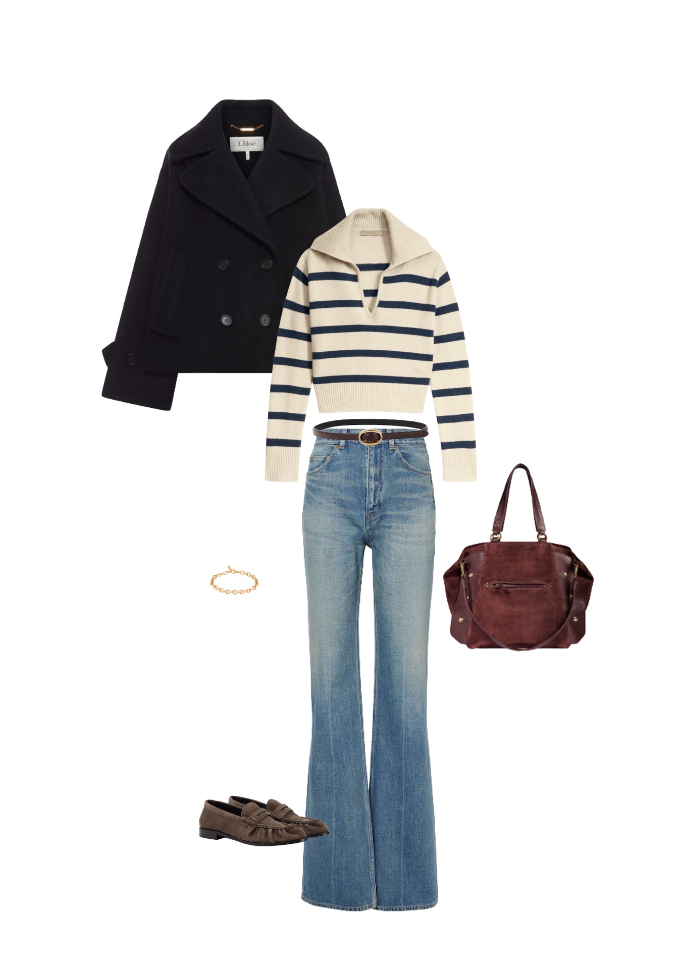 Look 01 — The Navy Stripe: Navy wool peacoat, double-breasted. Cropped wool sweater striped ecru and navy, open polo collar. Faded flare jeans, black leather belt with an oval gold buckle. Brown suede loafers, burgundy leather and suede tote, fine gold chain bracelet.