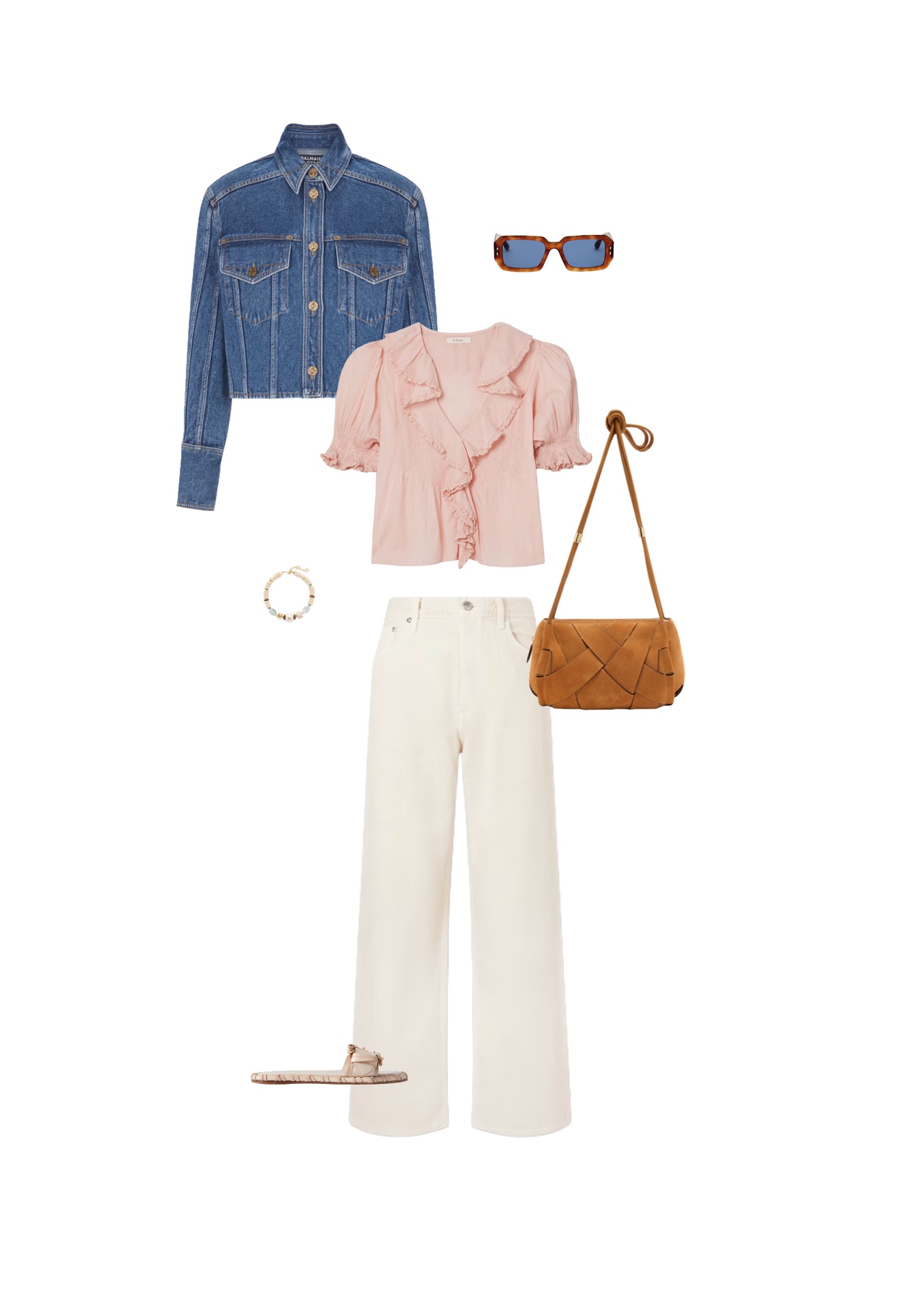 Look 10 — Breezy Blush & Denim: Cropped raw denim jacket, gold buttons. Blush cotton blouse with ruffles, balloon sleeves and smocked cuffs. Wide-leg jeans in ecru denim, flat woven light leather sandals. Quilted caramel suede baguette bag, tortoiseshell glasses with blue lenses.