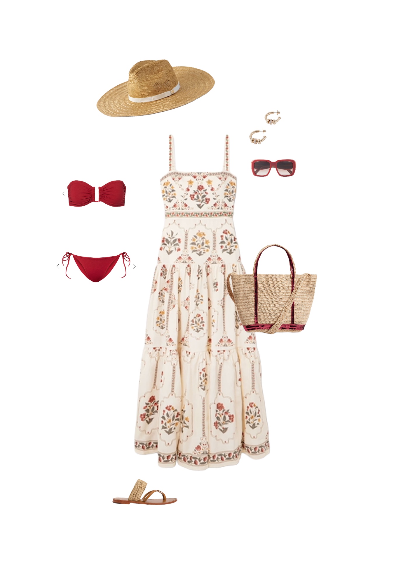 Look 11 — The French Riviera: Long cotton dress in an ivory and terracotta floral block-print, fine straps. Red matte lycra bandeau bikini. Woven straw Panama with an ivory ribbon, two-tone raffia basket, flat straw-and-leather sandals. Red acetate sunglasses.