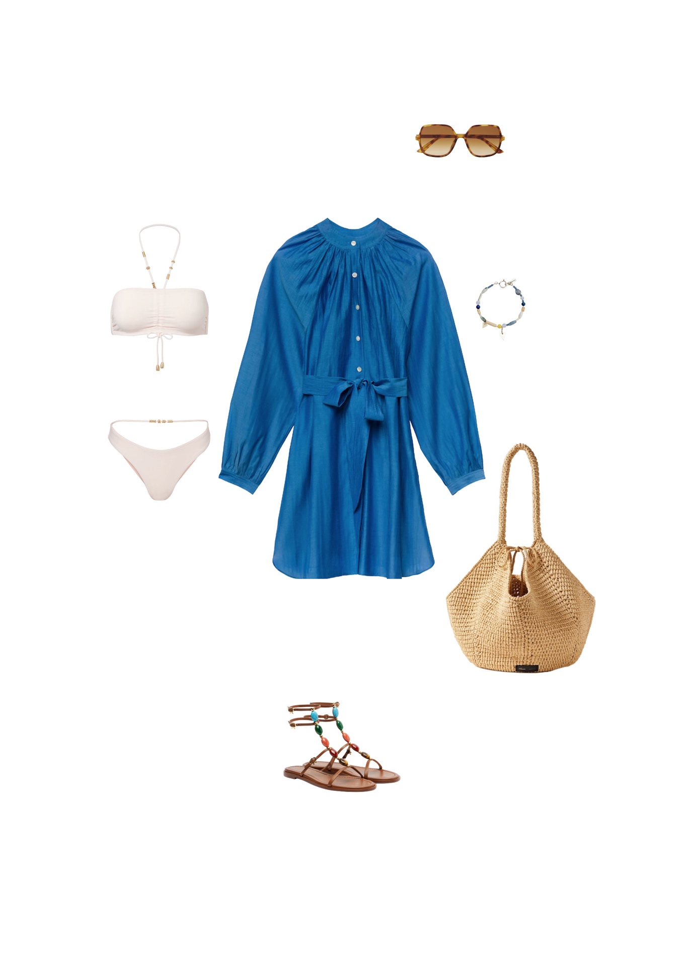 Look 12 — Cycladic Summer: Short cotton-linen shirt dress in blue, tunisian collar, tie belt. Cognac leather gladiator sandals with coloured beads. Soft raffia basket, blue stone bracelet, off-white hoop bikini.
