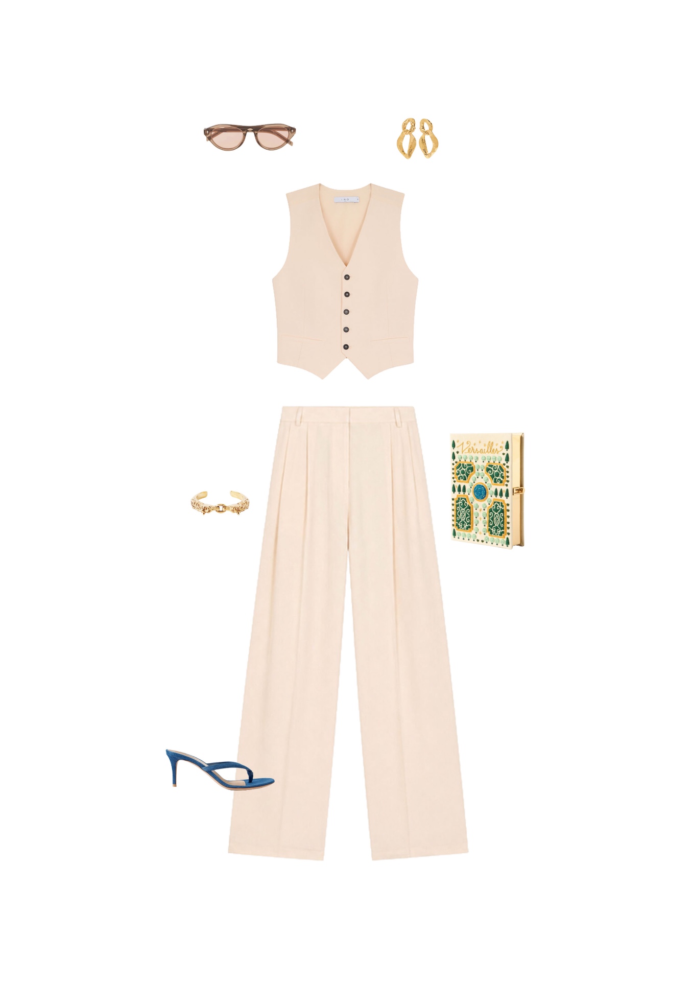Look 13 — Urban Romance: Pale pink viscose vest, tailored buttoning. Matching trousers, sharp pleats. Blue suede thong mules, slim heel. Embroidered book clutch, chiselled gold cuff, smoked sunglasses.