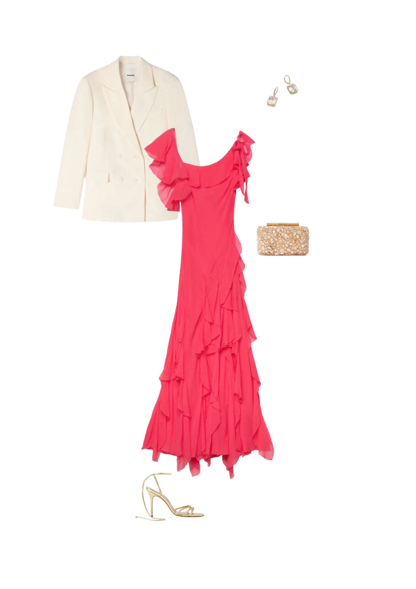 Look 14 — Sunset Glamour: Long coral silk-mousseline dress with cascading asymmetric ruffles, one-shoulder drape. Oversized blazer in cream cool wool, double-breasted. Fine gold strappy sandals. Gold minaudière set with stones, crystal drop earrings.