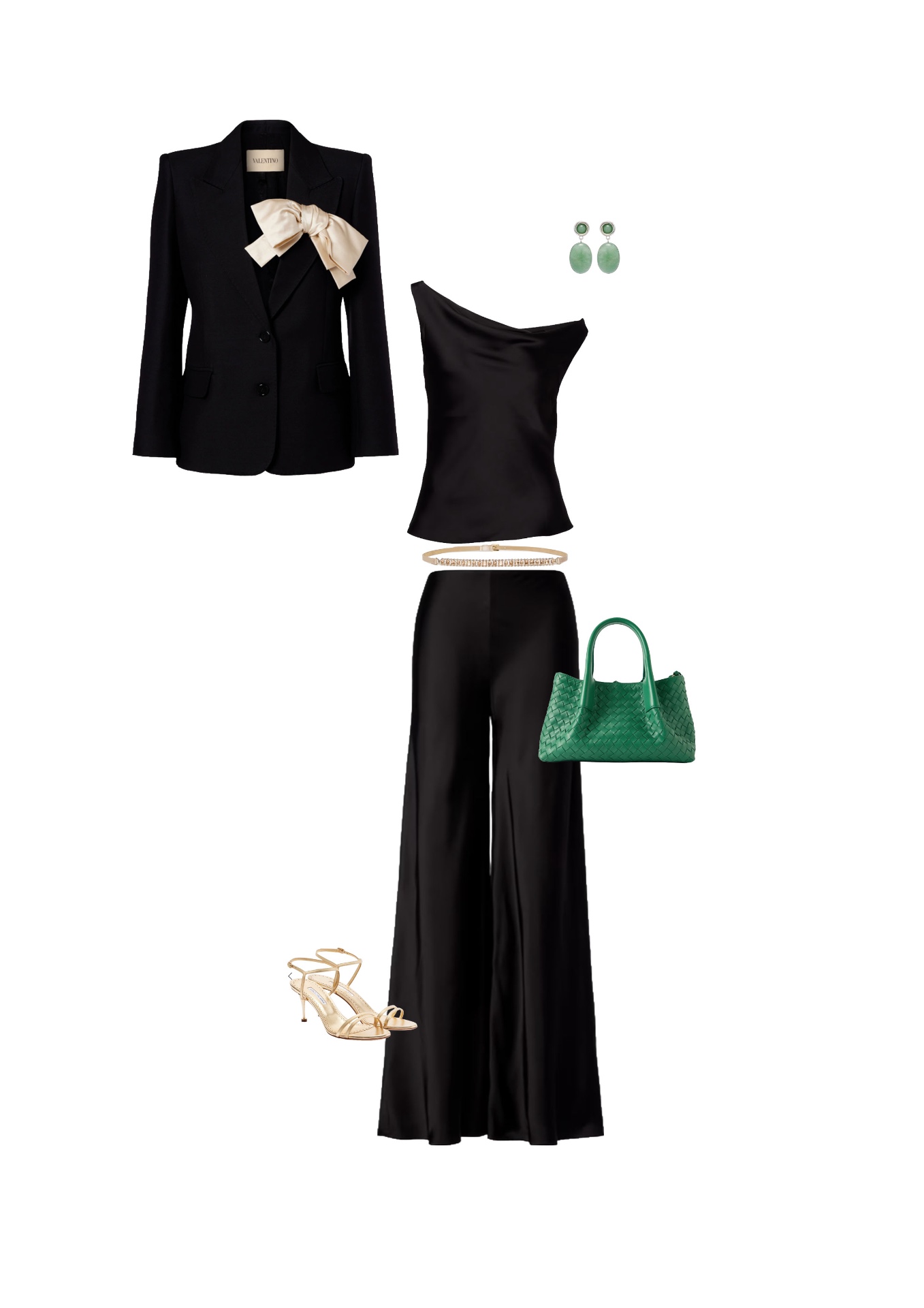 Look 15 — After Dark: Asymmetric one-shoulder top in black silk-satin. Matching fluid palazzo trousers. Fitted black wool blazer, ivory satin bow on the lapel. Rivière-style rhinestone jewel belt. Fine gold sandals, woven emerald-green bag, jade drop earrings.