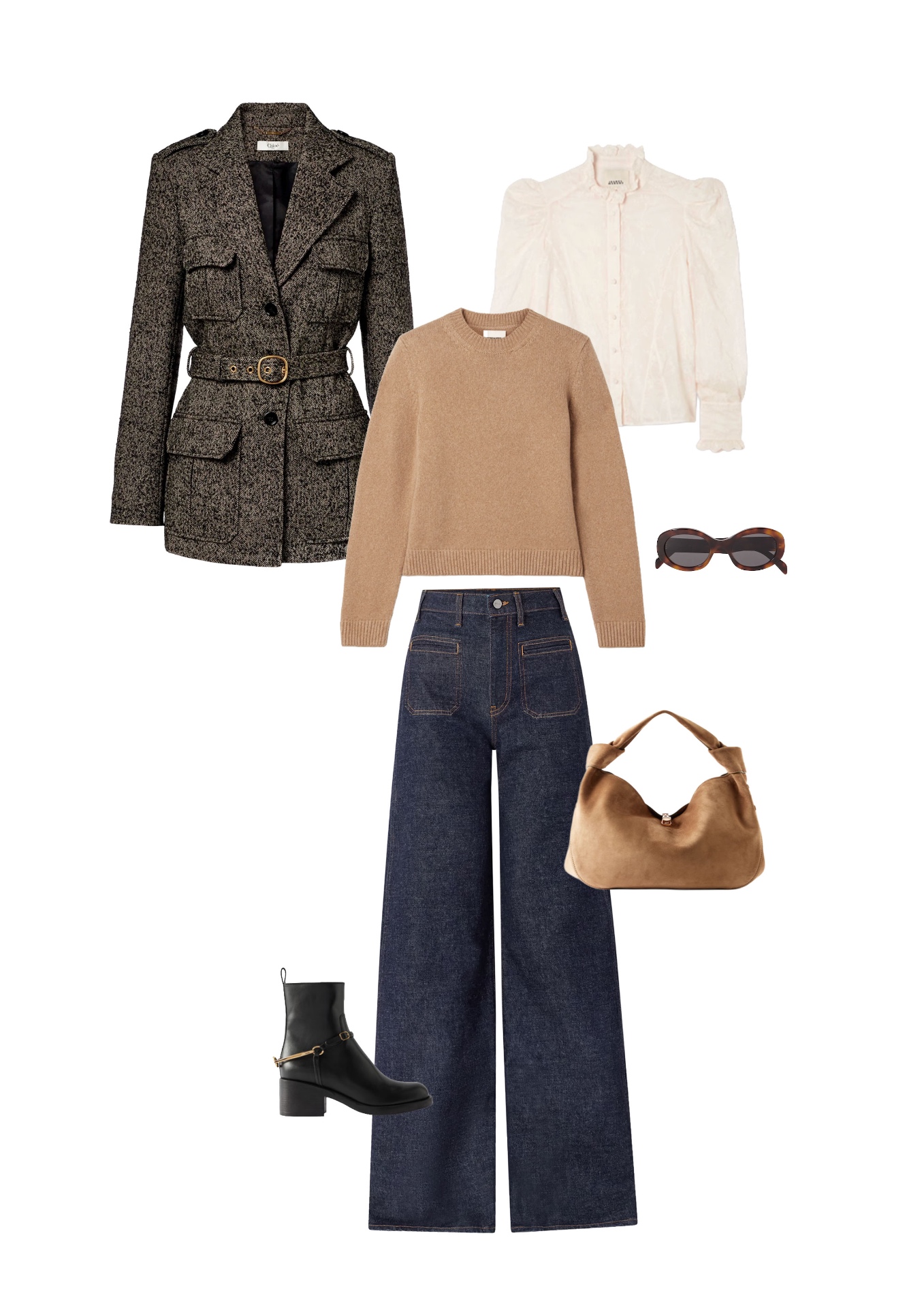 Look 02 — Café Society: Belted herringbone tweed jacket in black and ecru, gold buckle. Camel cashmere crew-neck sweater. White cotton smocked blouse with a gathered high neck. Raw indigo high-waisted jeans, wide leg, patch pockets. Black leather ankle boots with a gold horse-bit buckle, camel suede bag, oval tortoiseshell sunglasses.
