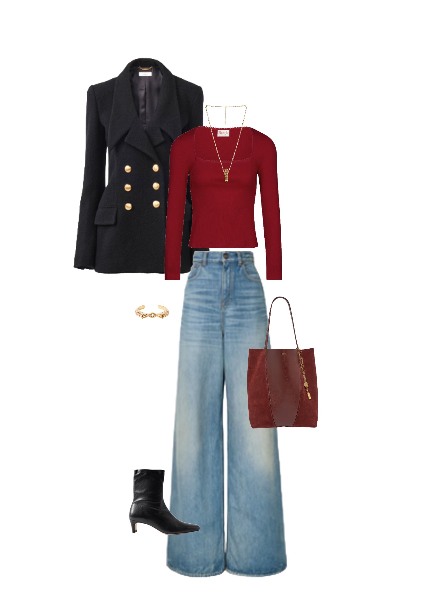 Look 03 — The Officer's Red: Military-inspired coat in black boiled wool, large gold officer buttons. Burgundy ribbed jersey top, square neckline. Light faded wide-leg jeans, black leather pointed-toe kitten-heel ankle boots. Burgundy leather and suede tote, hammered gold cuff.
