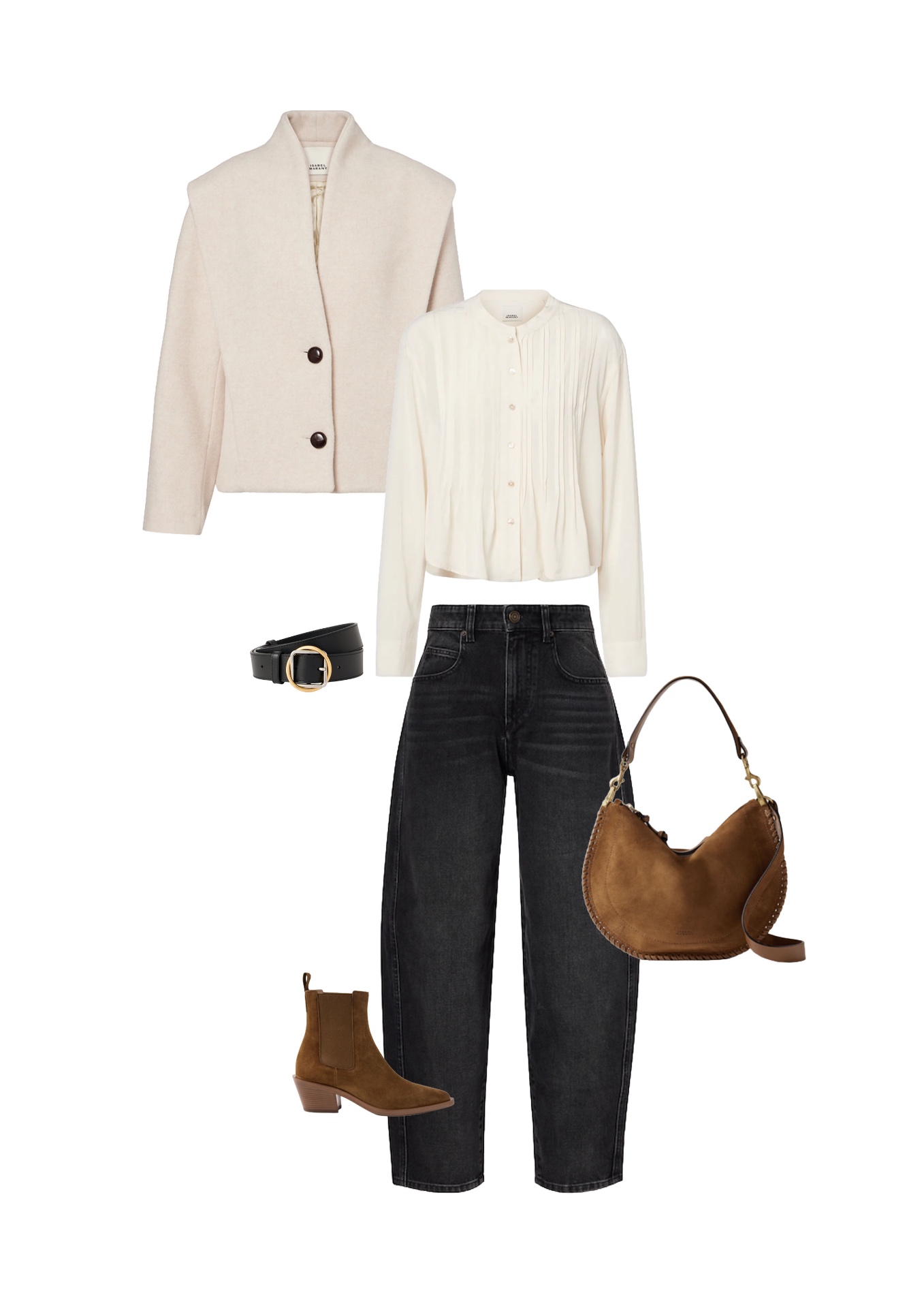 Look 04 — The Soft Essential: Cream bouclé wool cocoon jacket, corozo buttons. Cream blouse with fine pintucks and mother-of-pearl buttons. Faded round-leg black jeans, black leather belt with a gold buckle. Cognac suede western boots, top-stitched cognac suede hobo.