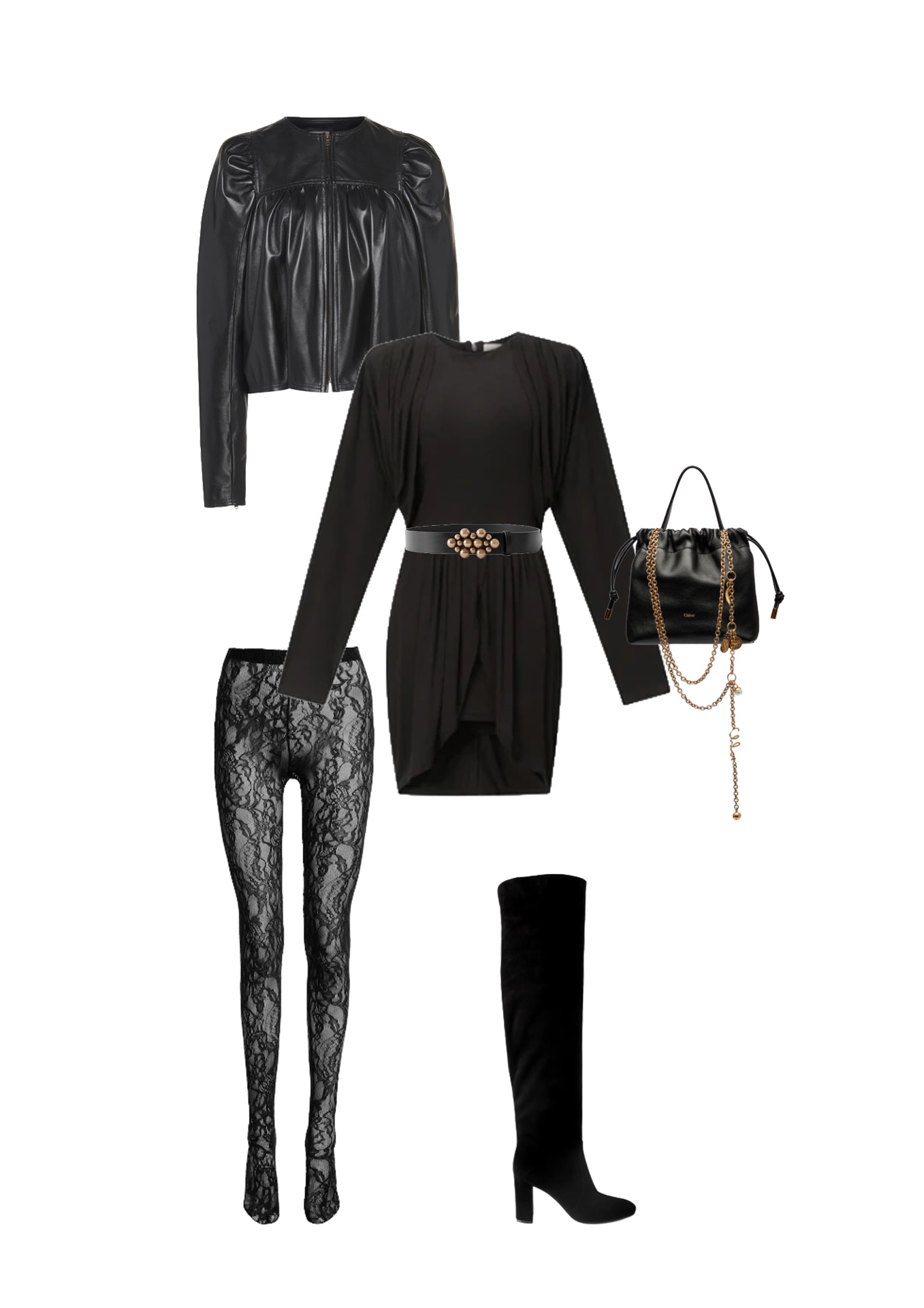 Look 05 — The Parisian Girl's Club: Couture-style black leather jacket, gathered balloon sleeves, central zip. Draped black jersey dress, leather belt with gold cabochons. Sheer black floral lace leggings. Black velvet thigh-high boots, black grained leather bag with multi-strand gold chains.