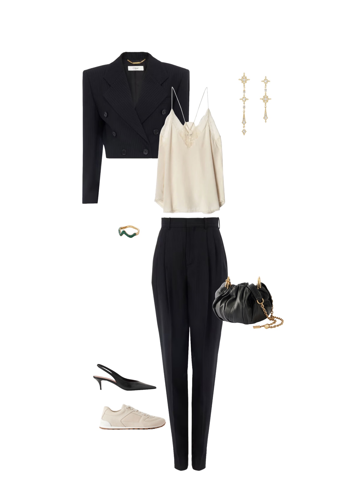 Look 06 — The Day & Night Suit: Cropped spencer in fine black-striped wool, double-breasted. Ivory silk-satin camisole, lace at the neckline. Matching high-waisted pleated tailored trousers. Black leather slingbacks for evening, cream suede sneakers for day. Gathered black leather pouch, ornate drop earrings, emerald ring.
