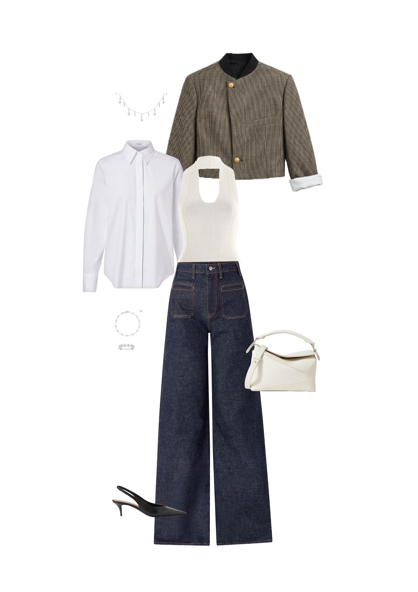 Look 07 — Uptown Off Duty: Oversized white poplin shirt. Backless body in fine ecru knit. Cropped jacket in brown houndstooth tweed, light trims and gold buttons. Wide-leg raw indigo denim jeans, top-stitched patch pockets. Black leather slingback, off-white leather Puzzle bag, fine silver jewellery.