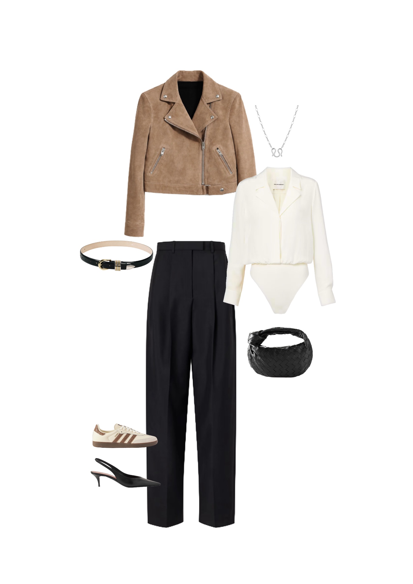 Look 08 — In & Out of Office: Camel suede perfecto, metal zip. Cream crêpe body with a tailored collar. Pleated palazzo trousers in black wool. Patent black leather belt with a gold-and-silver buckle. Cream Sambas and black leather slingbacks. Mini hobo in black intrecciato leather.