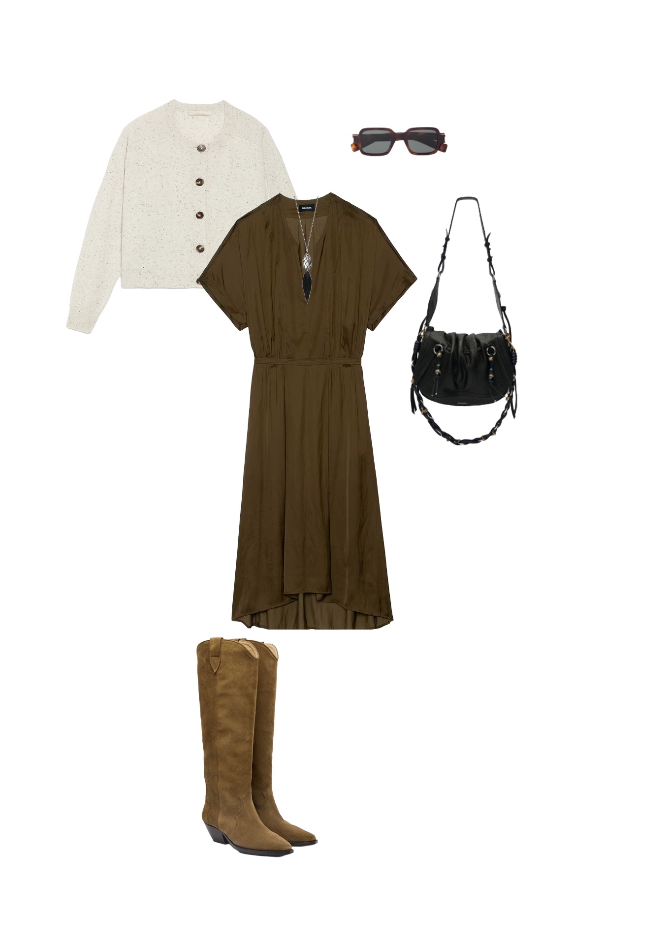 Look 09 — Lazy but Cool: Cardigan in flecked ecru wool, tortoise buttons. Midi dress in khaki viscose satin, kimono sleeves, nipped waist. Tall cognac suede western boots. Black leather chain-and-fringe bag, rectangular tortoiseshell sunglasses, stone-and-feather sautoir.